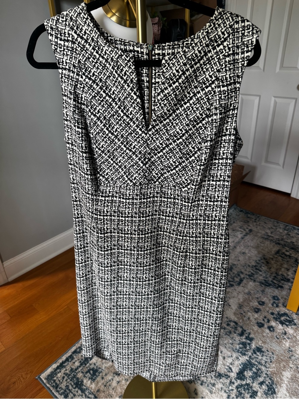 Calvin Klein Black & White Textured Jacquard Split Neck Sheath Dress
